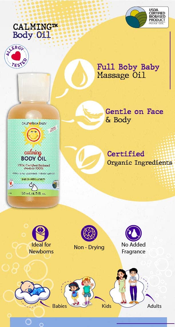 California Baby Calming Lavender Massage Oil allergen-free label highlighting gluten-free and dairy-free