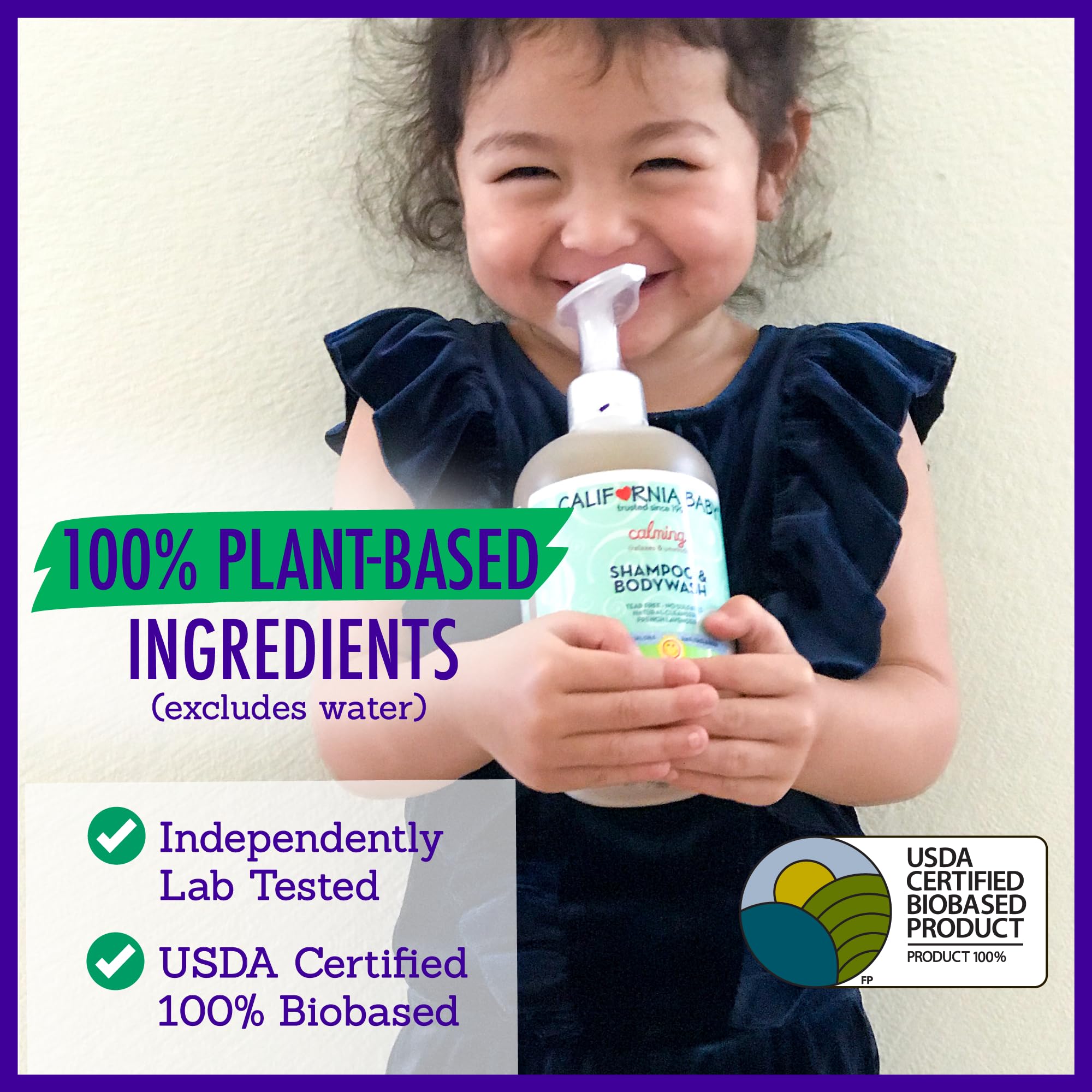 California Baby Calming lavender oil closeup signals soothing bedtime routine for baby.