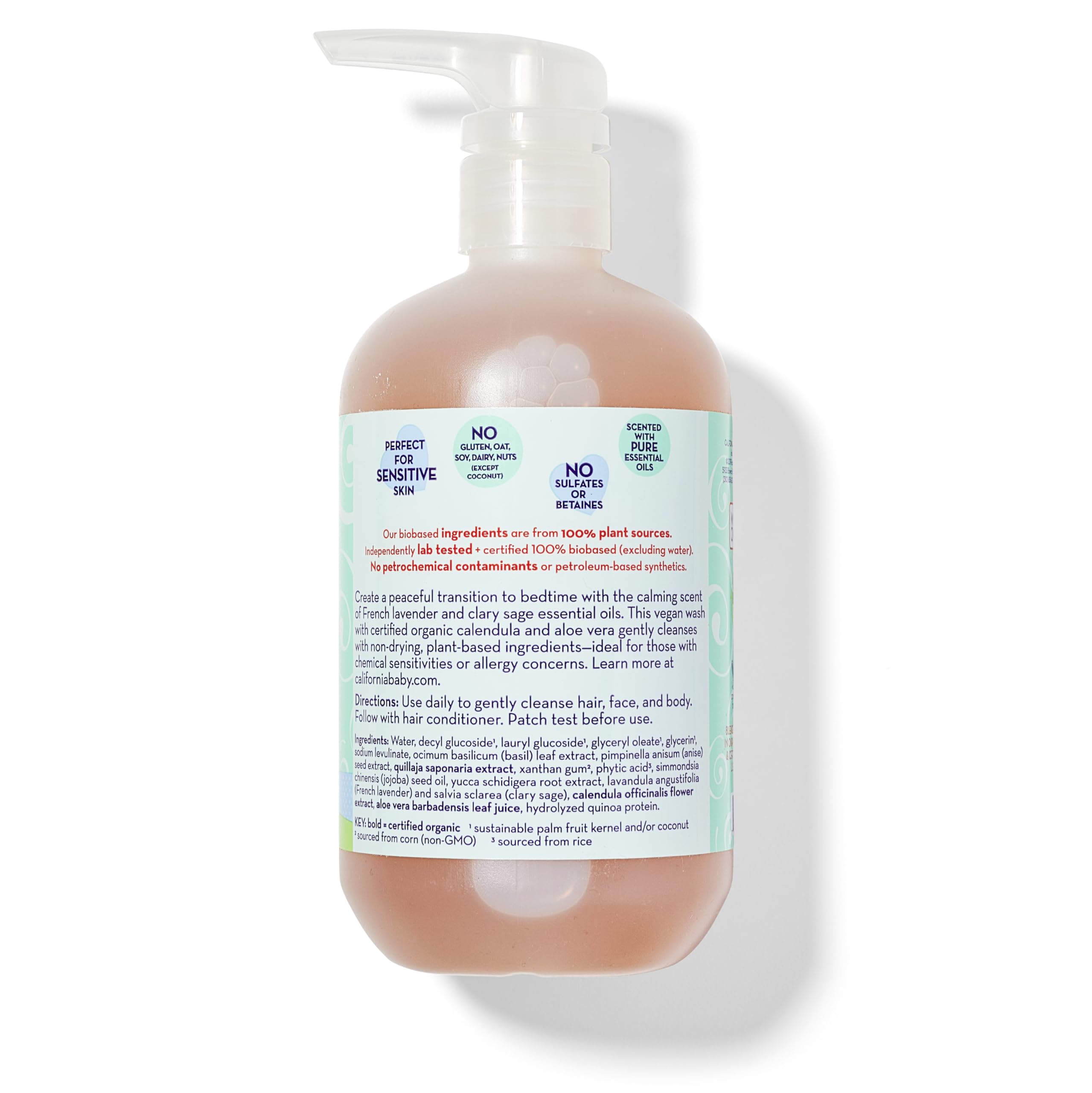 California Baby Calming Shampoo bottle closeup highlights lavender scent and sulfate-free care.