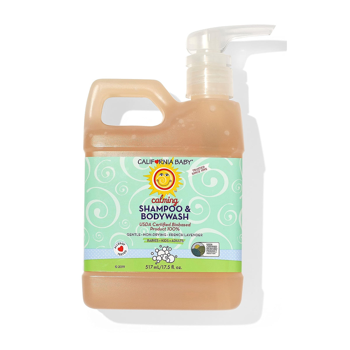 California Baby calming shampoo bottle front highlighting plant-based formula for sensitive skin.