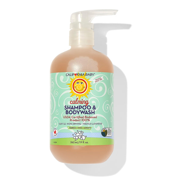 California Baby Calming Shampoo bottle pour shows gentle, plant-based cleansing for sensitive skin.