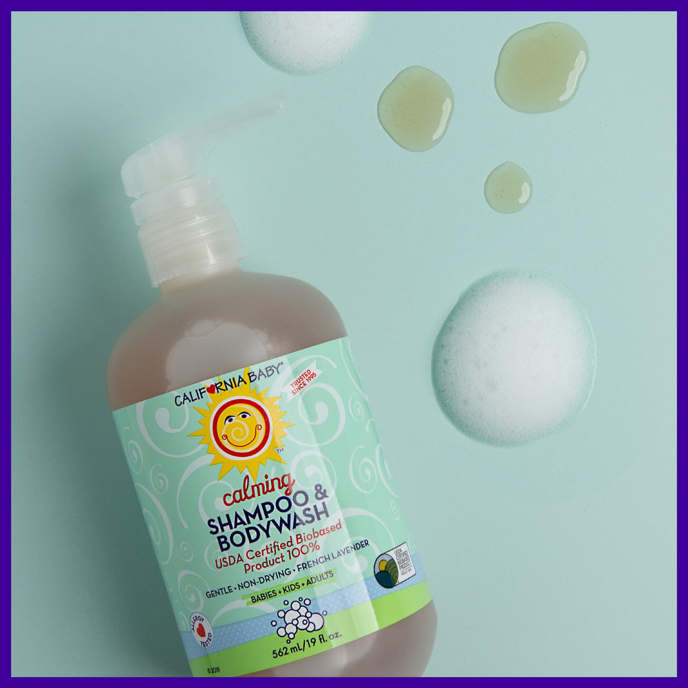 California Baby Calming shampoo foam closeup demonstrates gentle lather for sensitive skin.