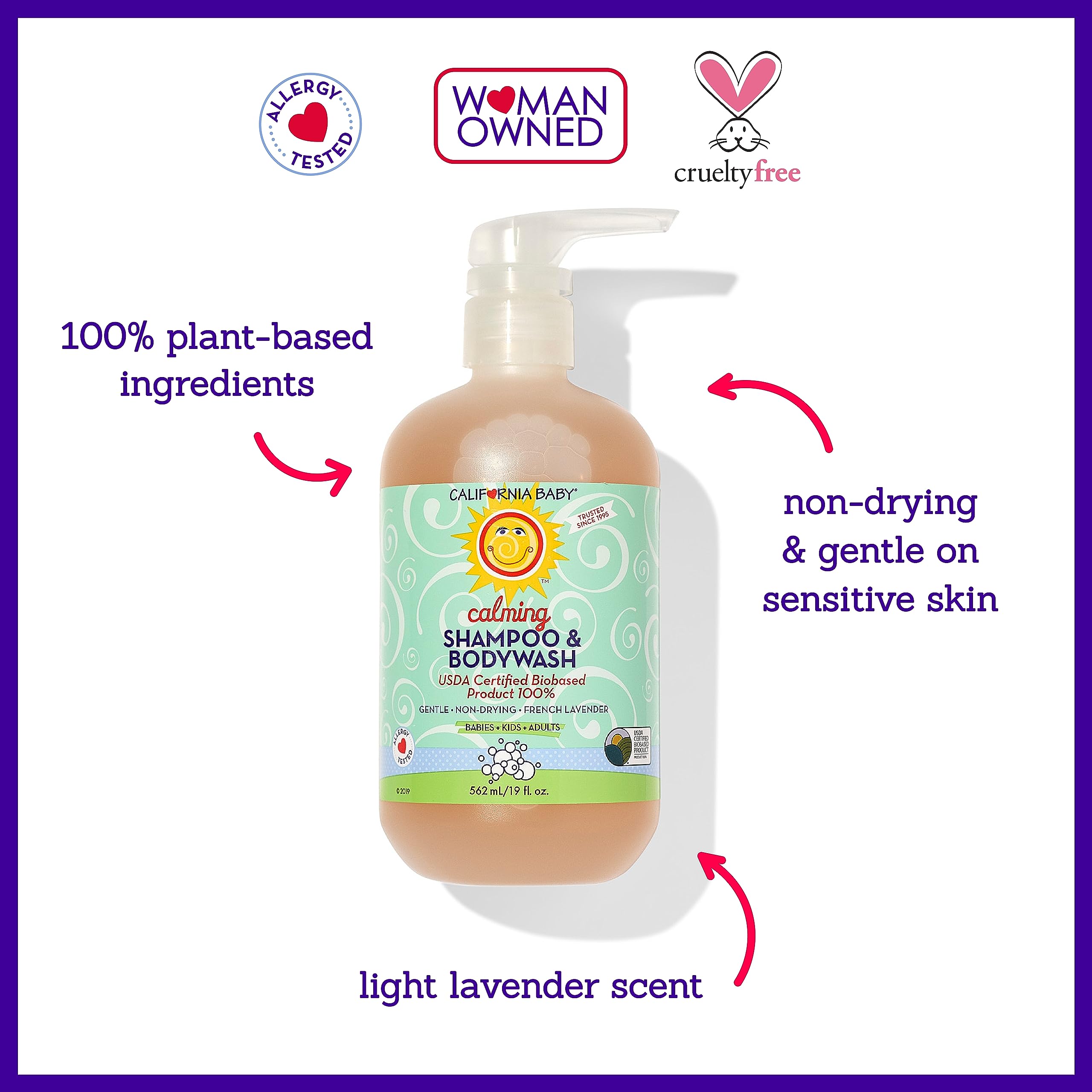 California Baby Calming Shampoo label view emphasizes 100% plant-based ingredients.