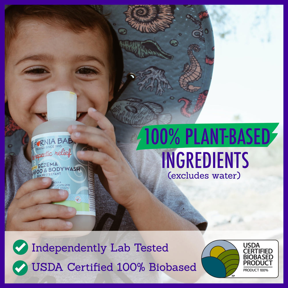 California Baby eczema wash unscented bottle emphasizes fragrance-free, gentle cleansing.