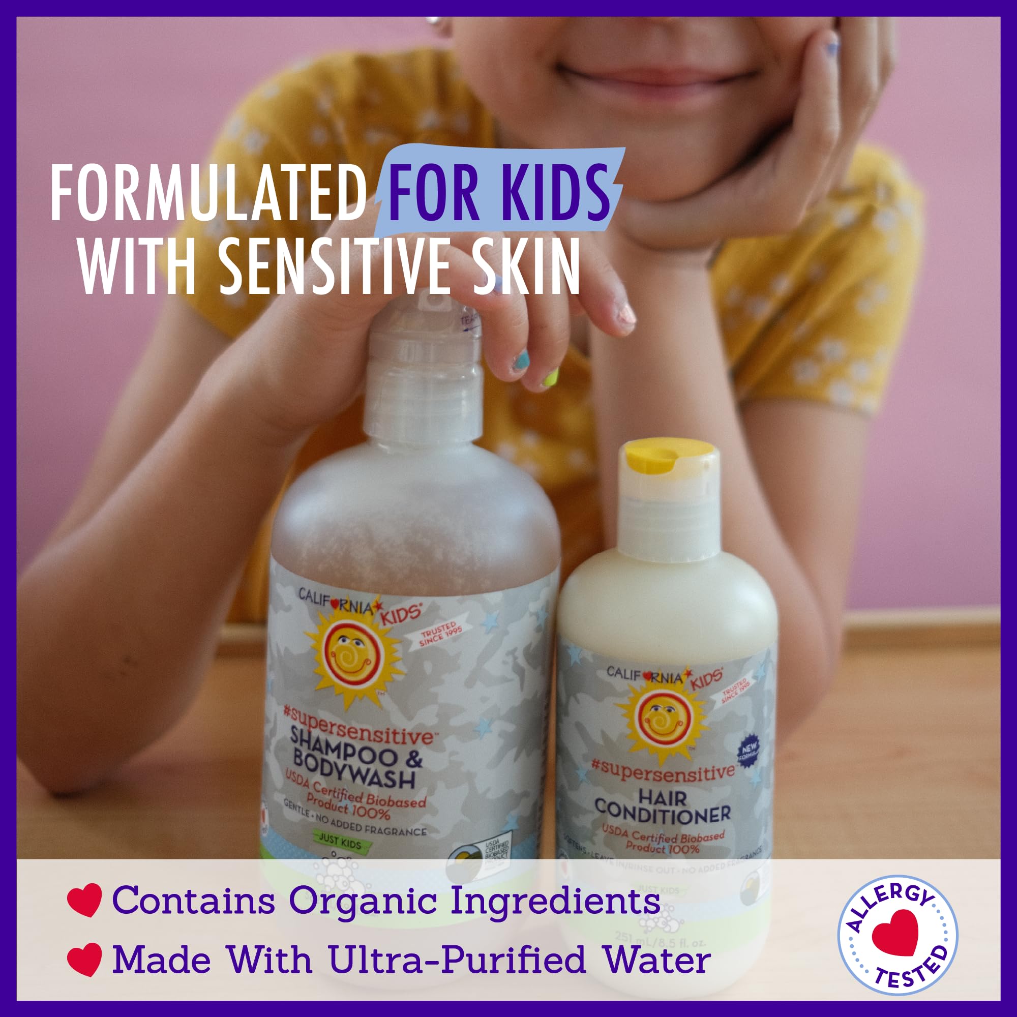Hypoallergenic California Baby packaging emphasizes allergy-friendly formula