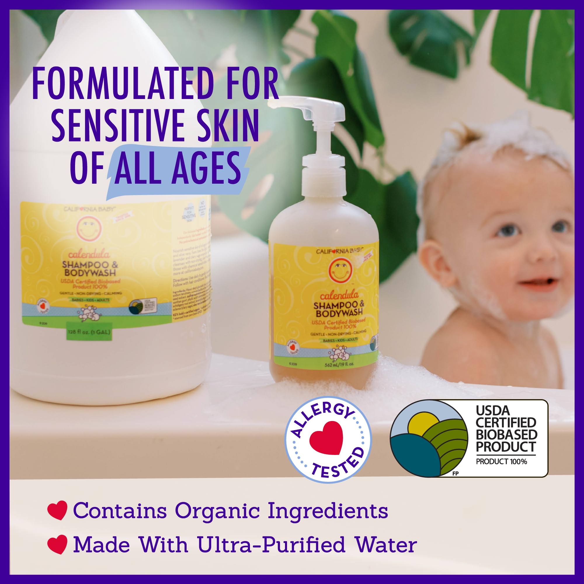 Lavender and clary sage essential oils highlighted on California Baby bottle