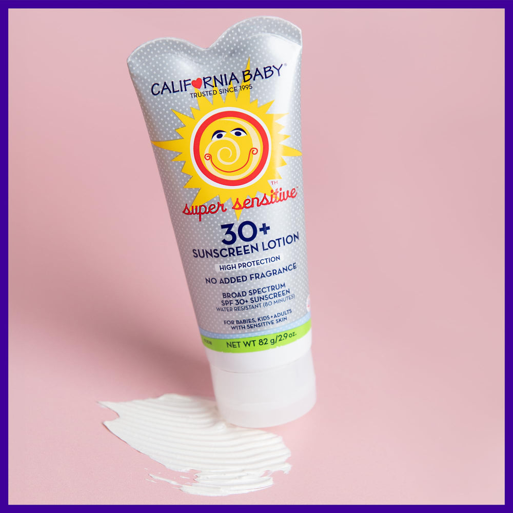 California Baby mineral sunscreen label emphasizing titanium dioxide protection.