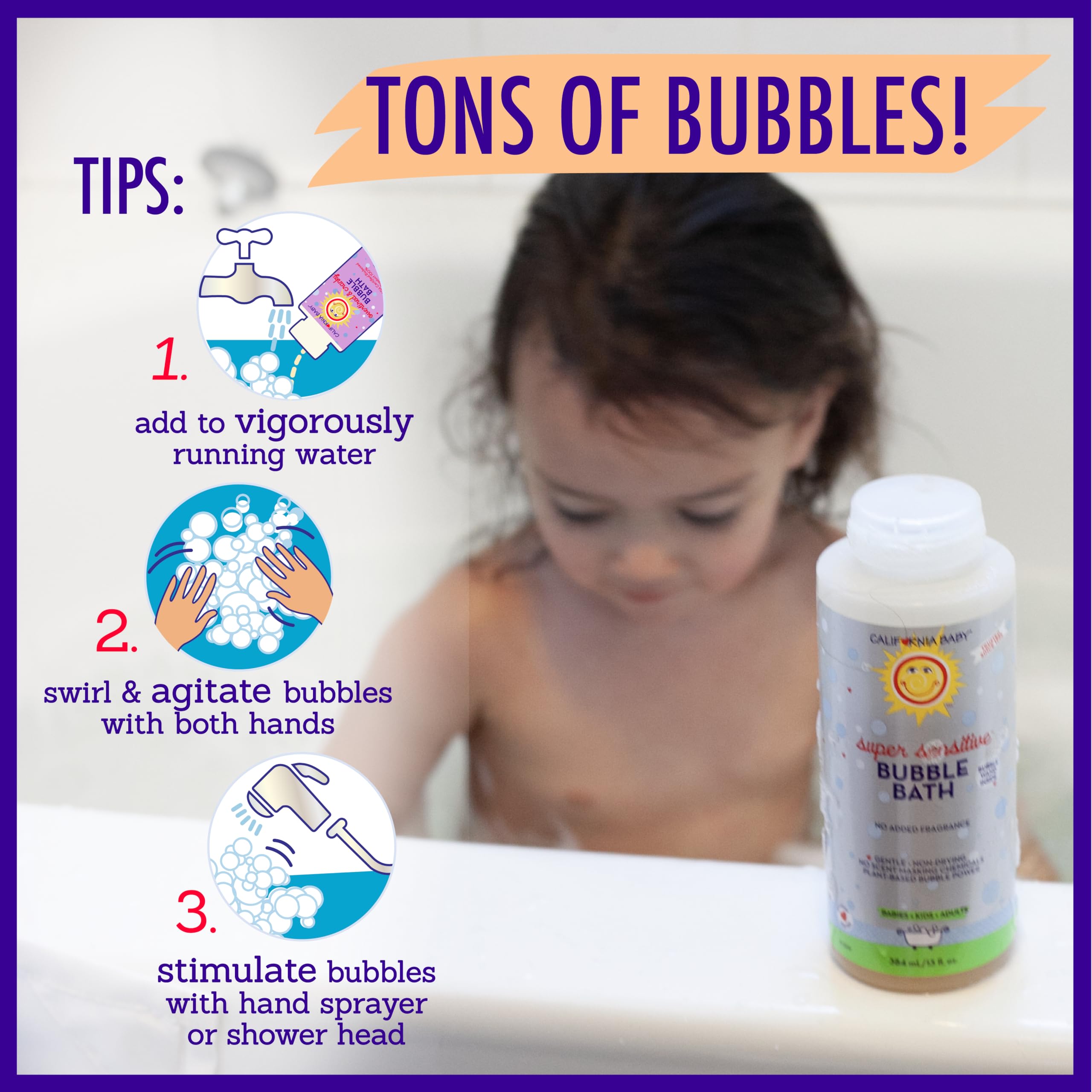 Organic soap bark, aloe, and calendula nourish California Baby bubble bath.