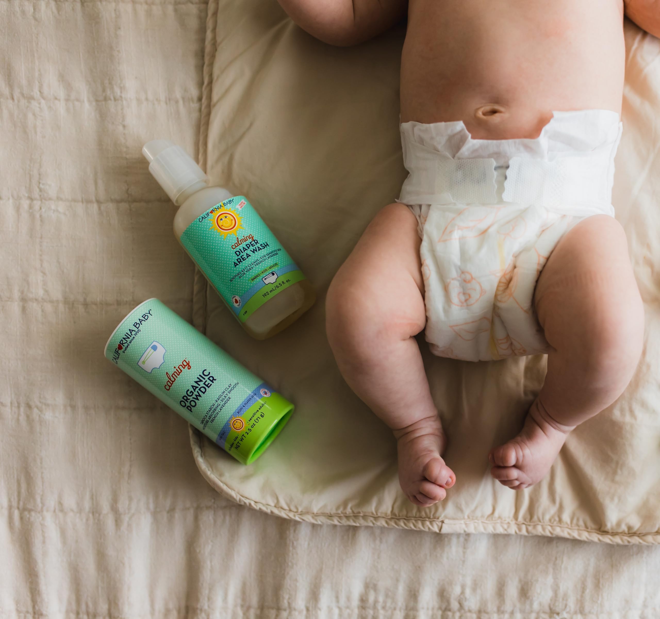 California Baby Powder packaging label highlighting organic, talc-free formula