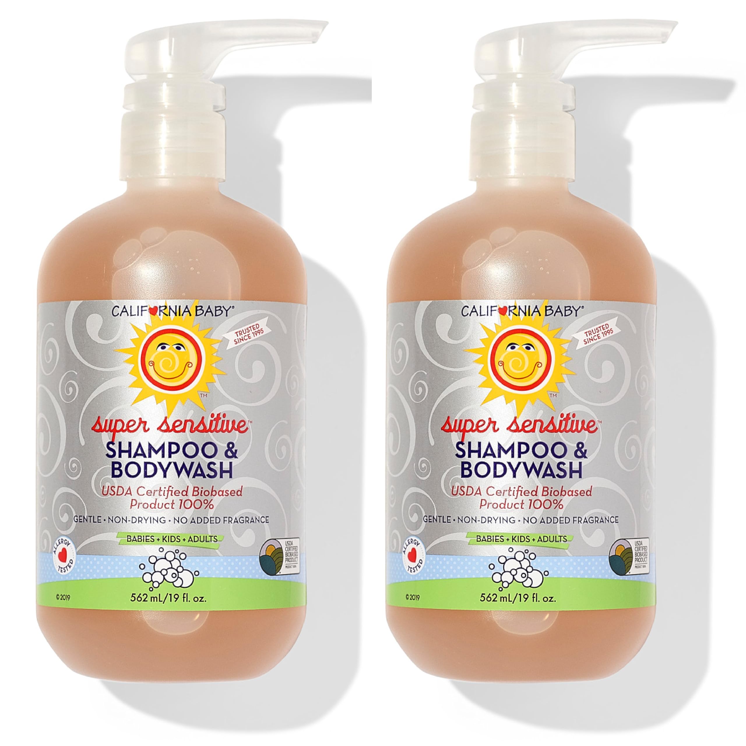 California Baby Super Sensitive bottle front showing unscented formula for gentle cleansing