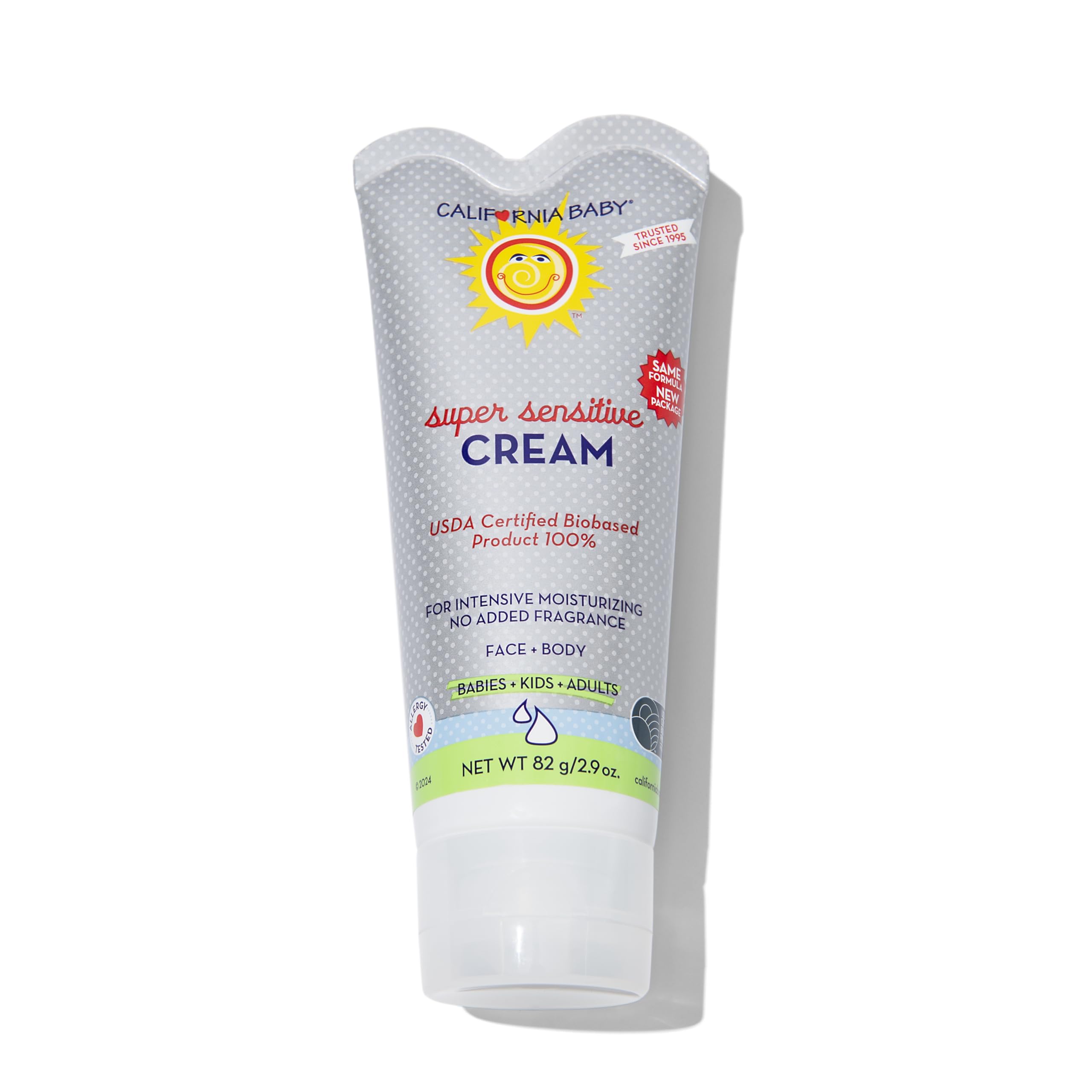 California Baby Super Sensitive Cream bottle front, fragrance-free hydration for sensitive skin