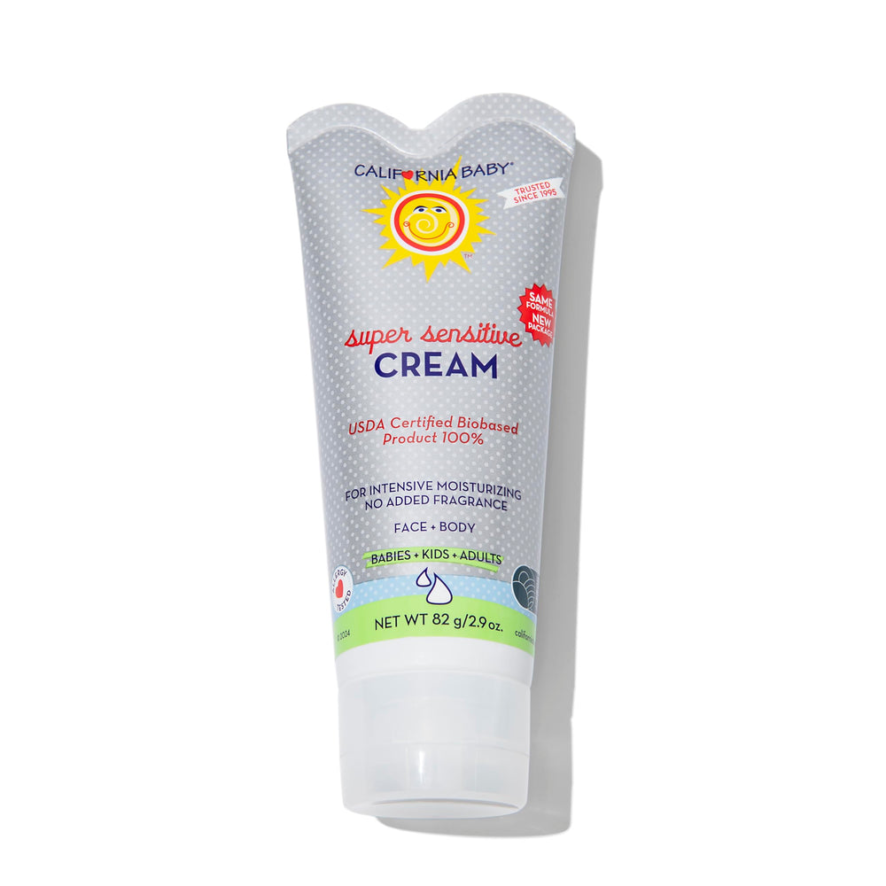 California Baby Super Sensitive Cream bottle front, fragrance-free hydration for sensitive skin