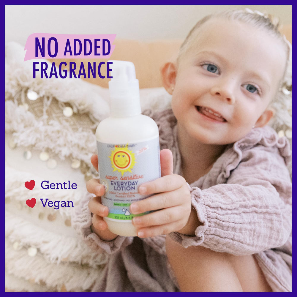 Fragrance-free California Baby cream on arm, hypoallergenic for allergy-prone families.