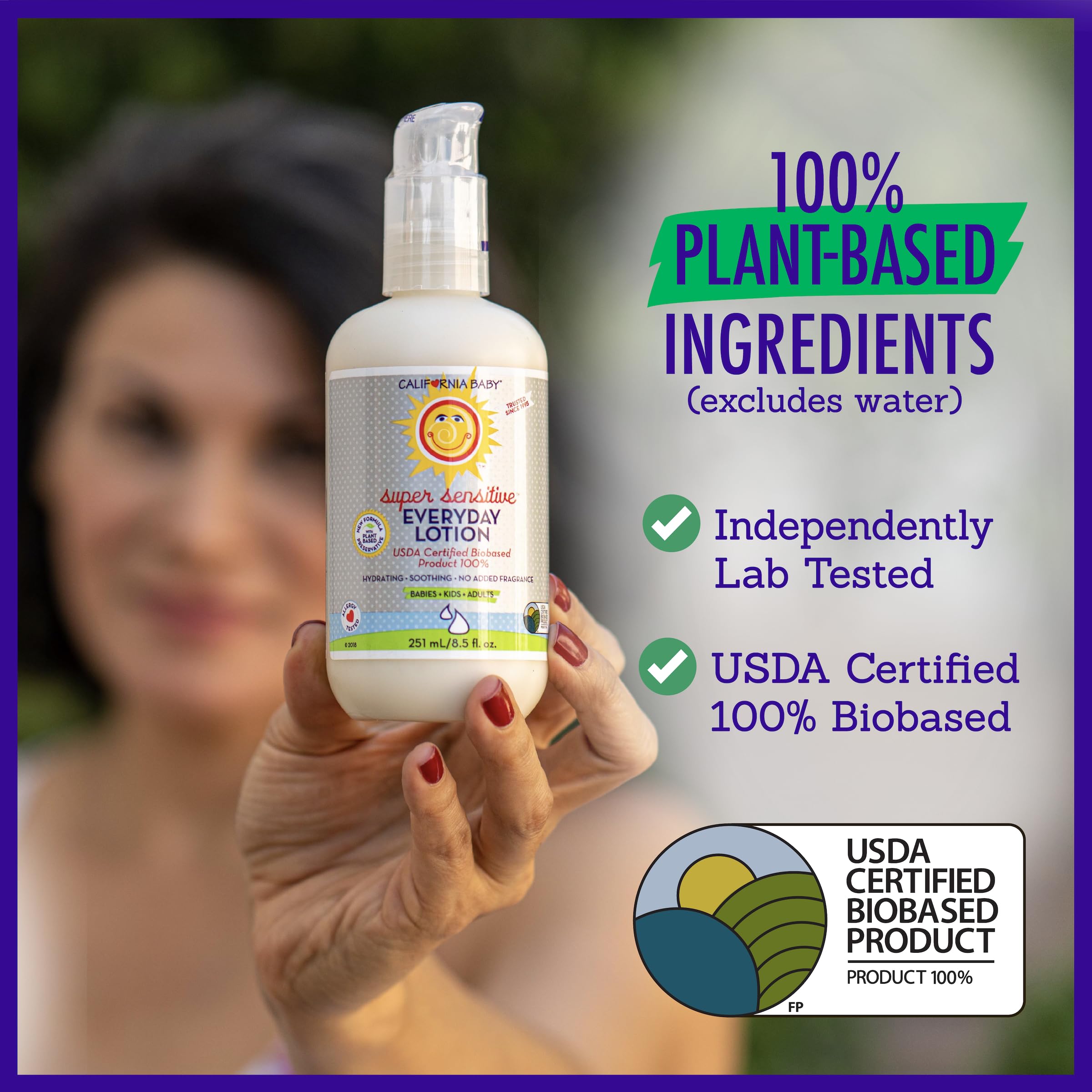 Product text highlighting plant-based formula from California Baby Super Sensitive Lotion.