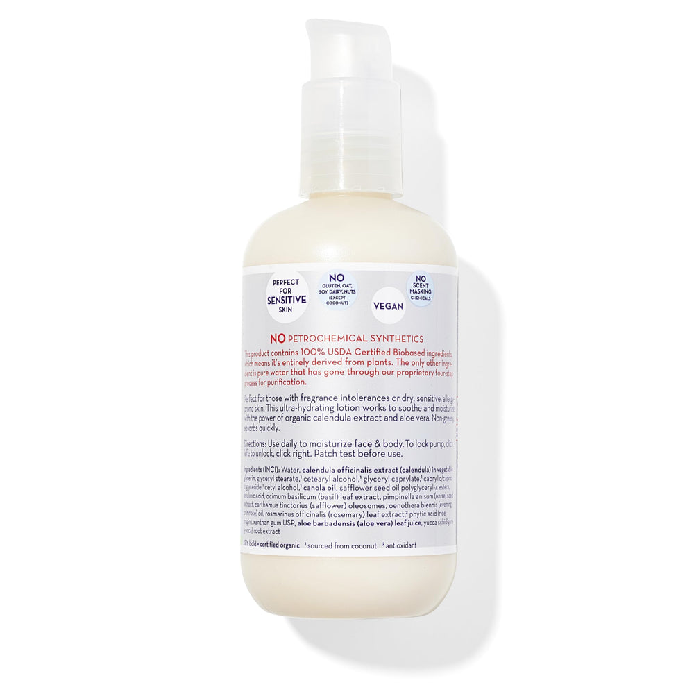 Close-up of California Baby Super Sensitive Lotion label, fragrance-free formula for delicate skin.