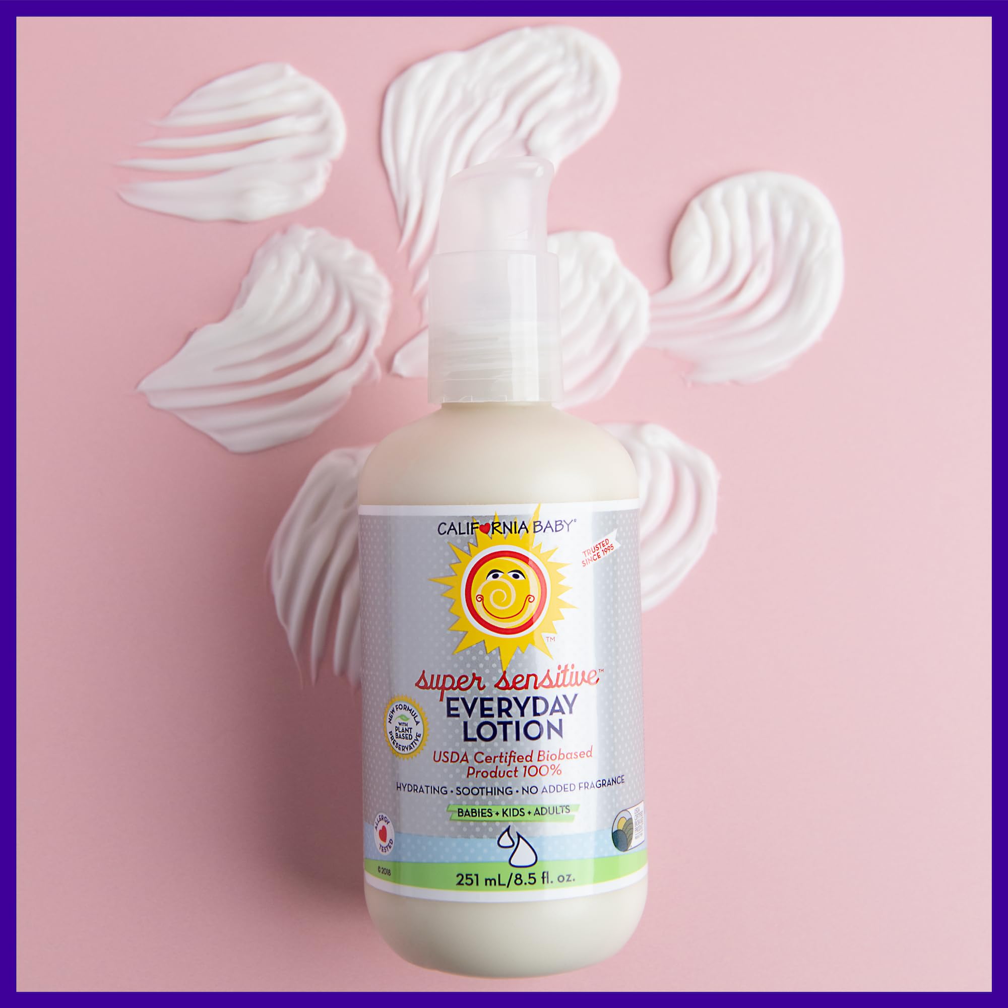 Unscented California Baby lotion on skin, ideal for newborns and sensitive users.