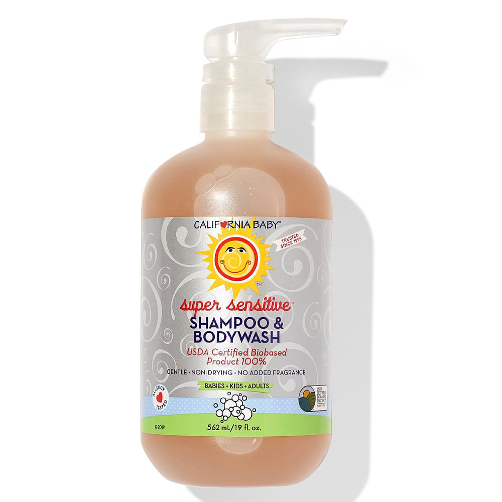 California Baby Super Sensitive shampoo bottle showing a gentle fragrance-free formula for sensitive skin