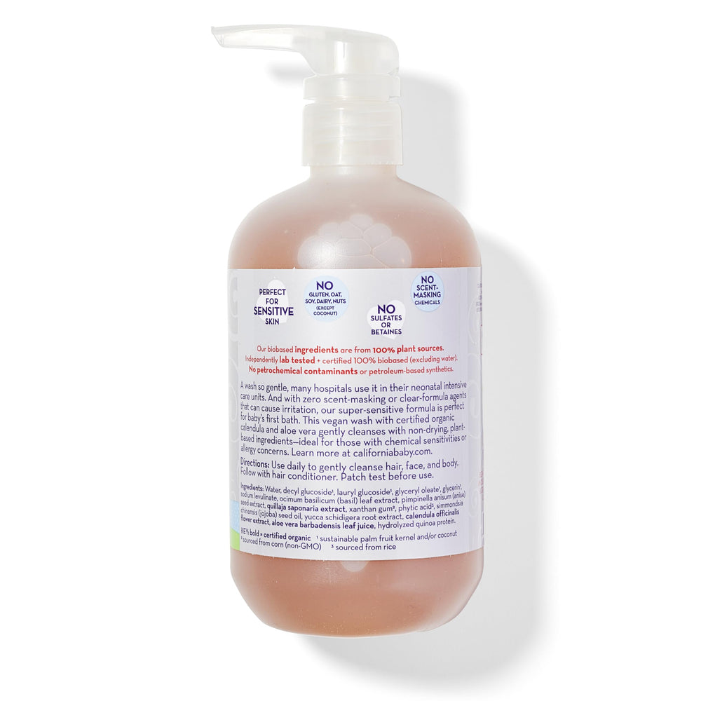 California Baby shampoo label closeup highlights plant-based, sulfate-free ingredients