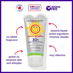 California Baby sunscreen being applied to body for sun safety.
