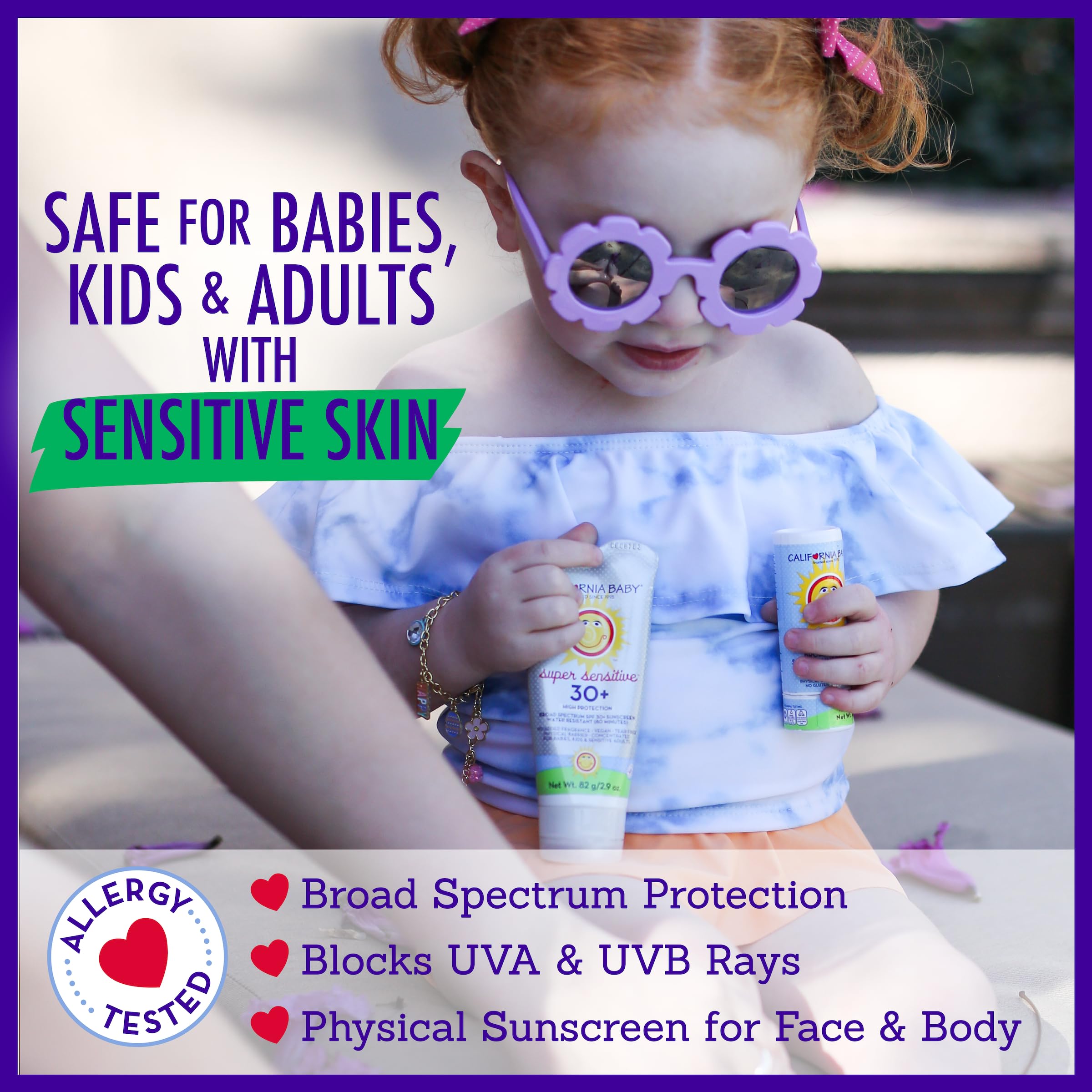 California Baby unscented sunscreen packaging shows fragrance-free formula.
