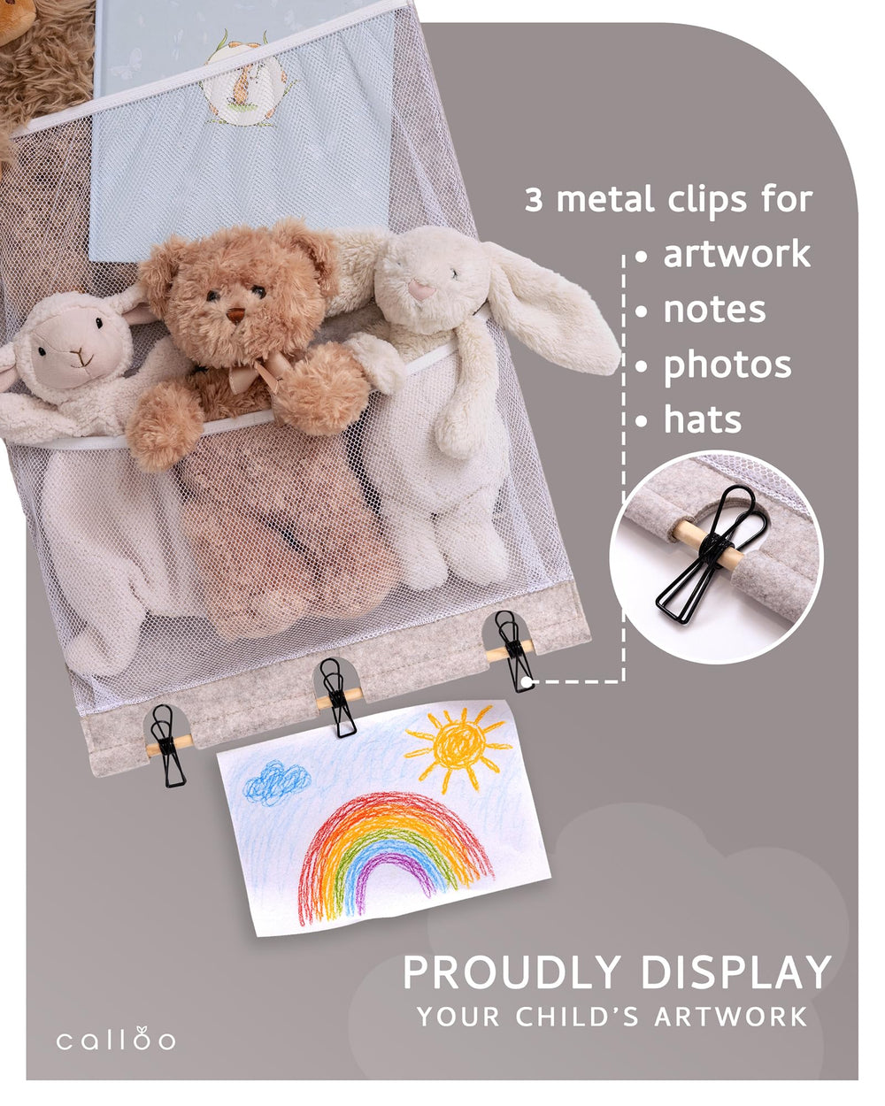 Calloo mesh pockets hold plushies and books for tidy toy storage.