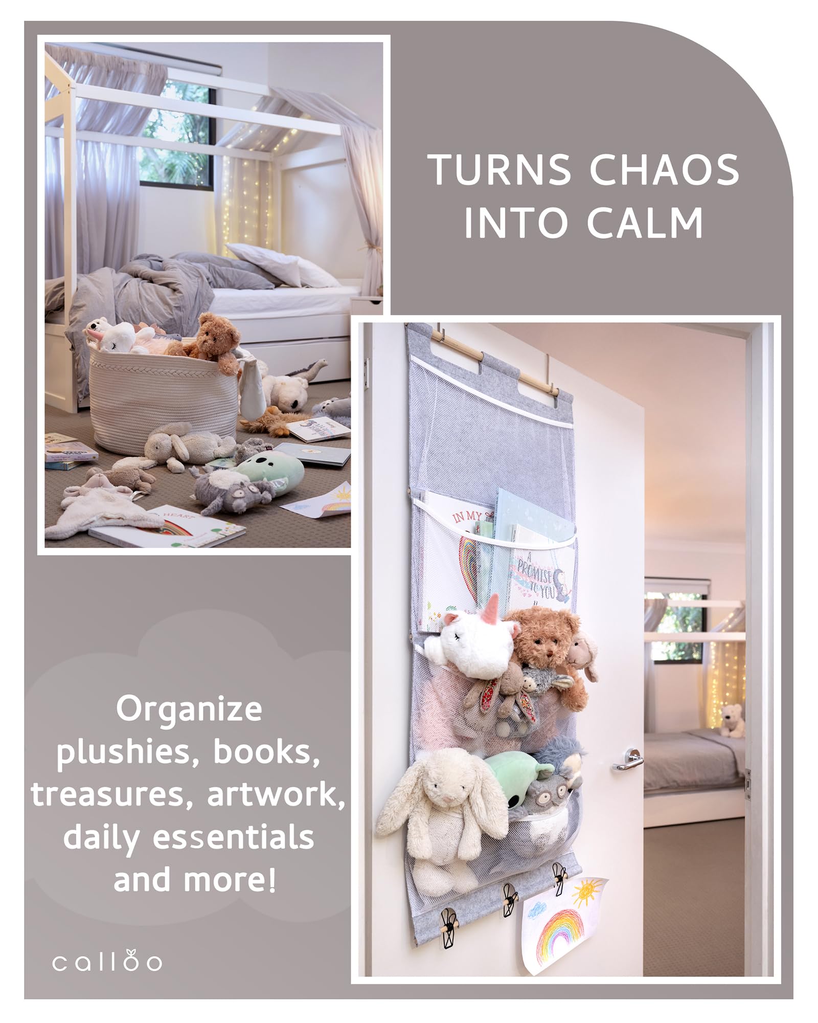 Calloo space-saving design hangs on doors without tools.