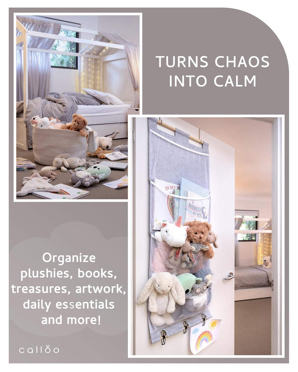Calloo space-saving design hangs on doors without tools.