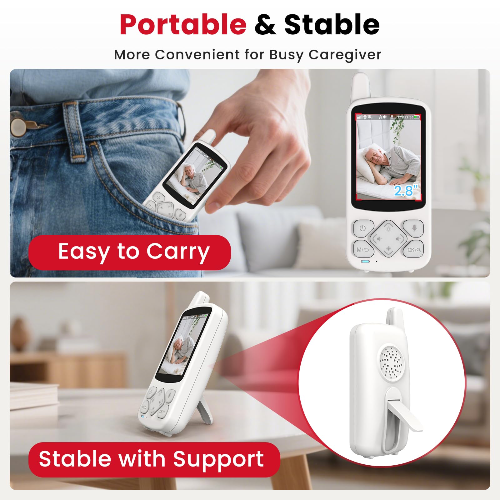 CallToU pocket receiver with hidden stand supports flexible room placement.
