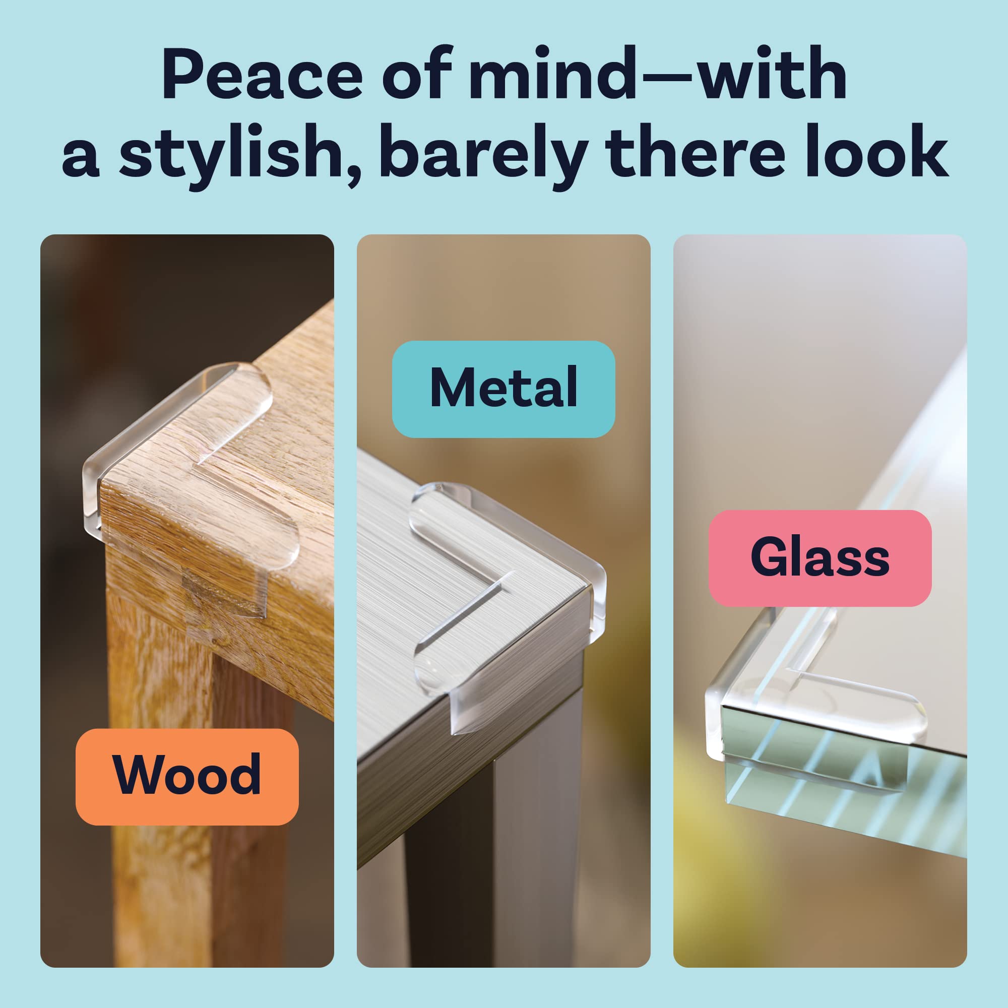 CalMyotis baby-proof corner guards clear applied to a desk corner, preserving aesthetics