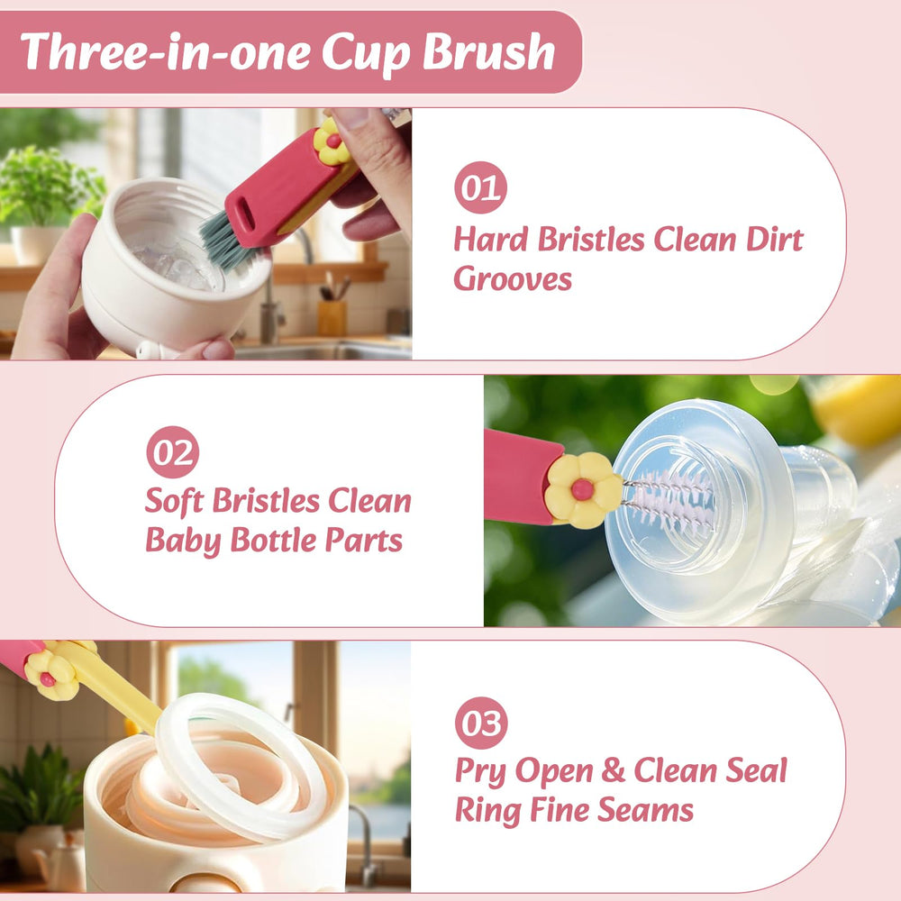 Basin and brush duo offers multipurpose cleaning for bottles and small items.