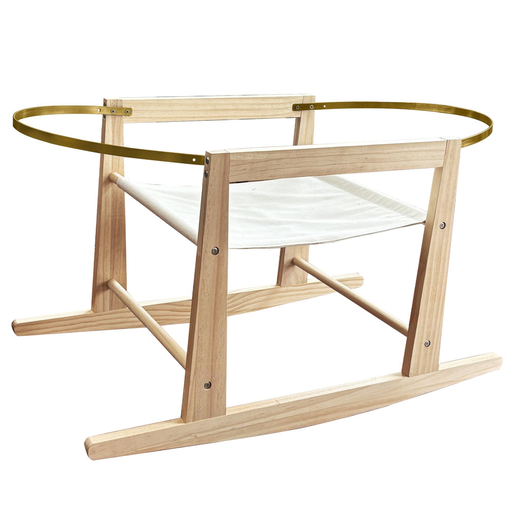 Calvana basket stand front view shows sturdy wooden frame for newborn baskets.