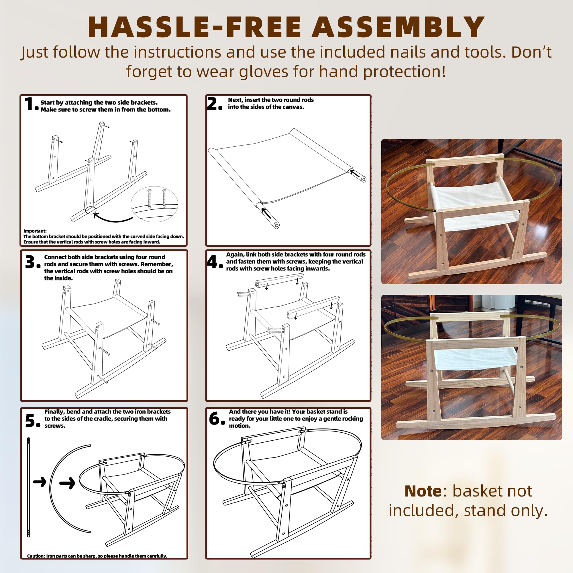 Calvana basket stand in-use demonstrates space-saving setup beside a crib.