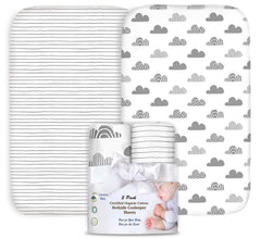 Cambria Baby bedside sleeper sheets showing a secure stretch fit for 17-21 inch pads.