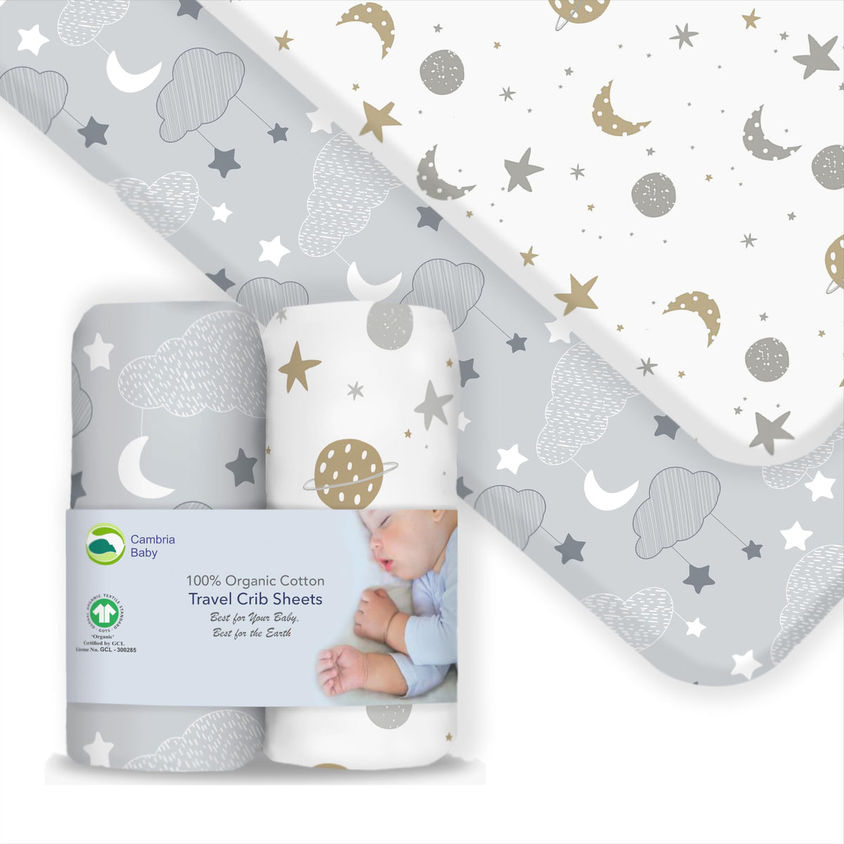 Cambria Baby organic cotton fitted travel crib sheet ready for 22-26x40-44 pads.