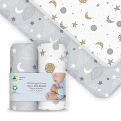 Cambria Baby organic cotton fitted travel crib sheet ready for 22-26x40-44 pads.