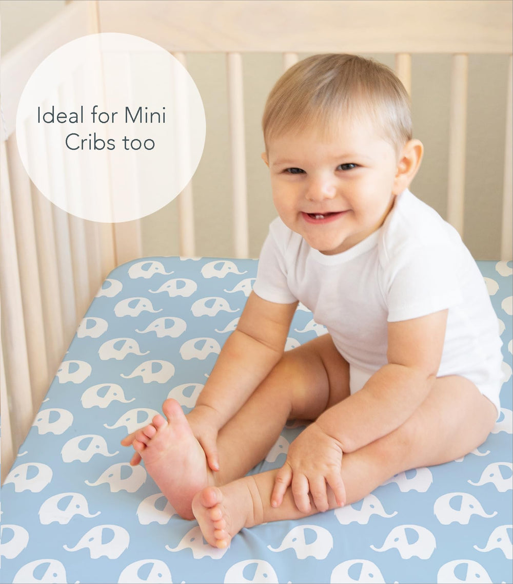 Cambria Baby playard elastic-secure fit keeps sheets in place during playtime.