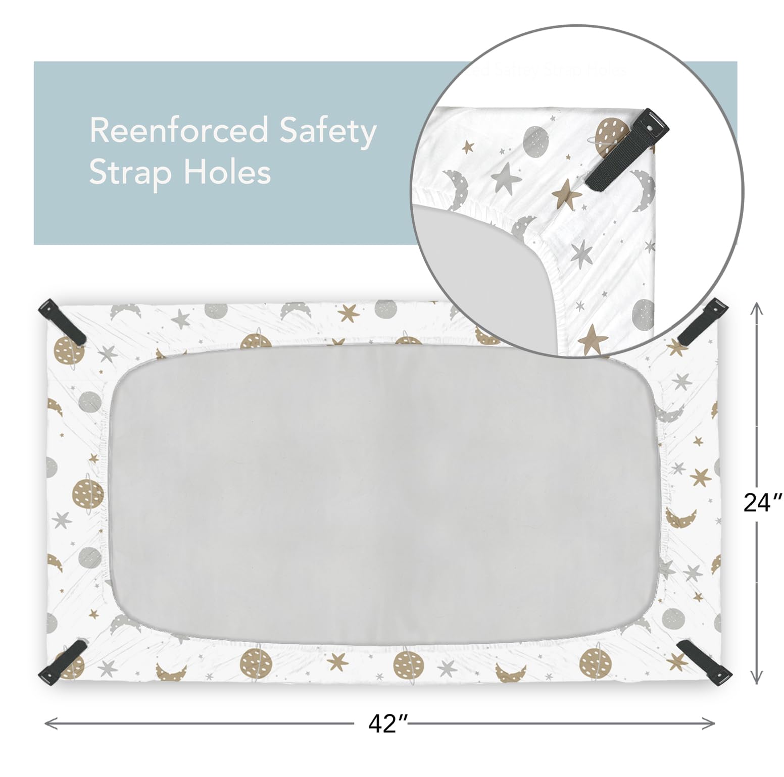 Cambria Baby sheet with secure elastic corners and strap holes for stability.