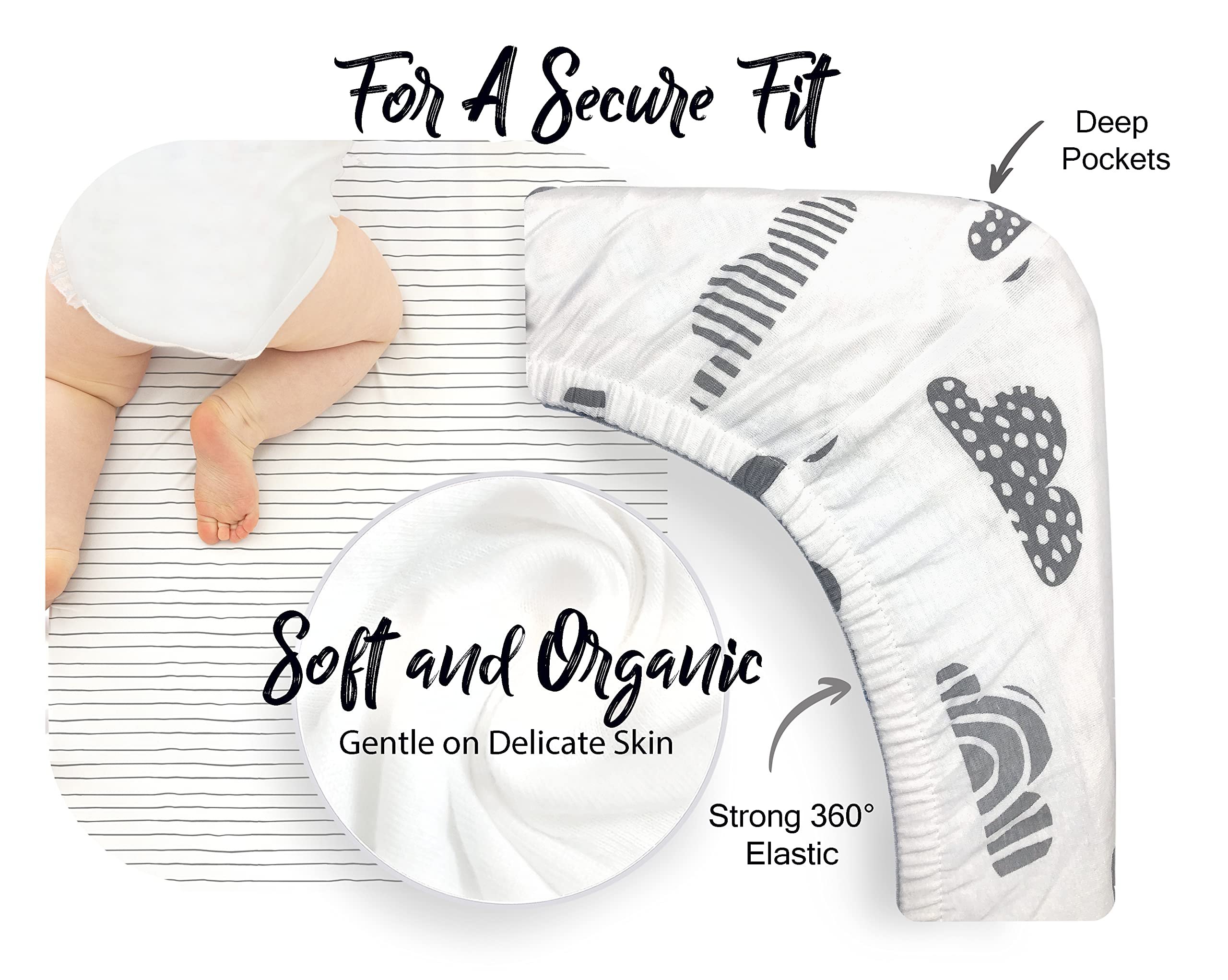 Cambria Baby secure stretch-fit sheets with fully encased elastic for a snug hold.