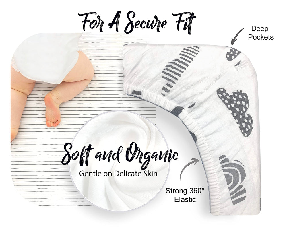 Cambria Baby secure stretch-fit sheets with fully encased elastic for a snug hold.