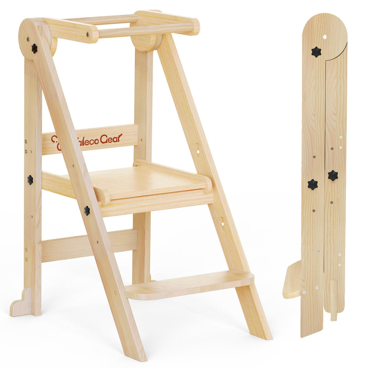 CaMecequter foldable wooden toddler stool in natural finish, compact and easy to store.