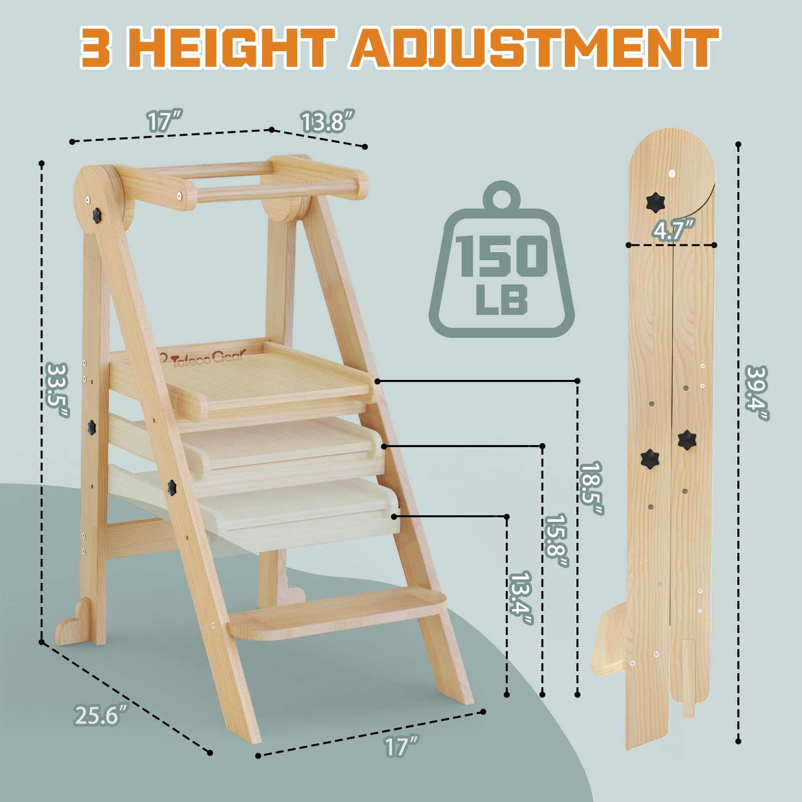 CaMecequter toddler tower with safety foot pads for stable placement.