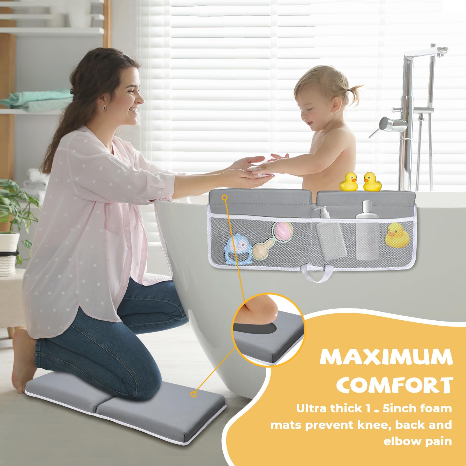 Camelus kneeler with four pockets keeps bath toys within easy reach