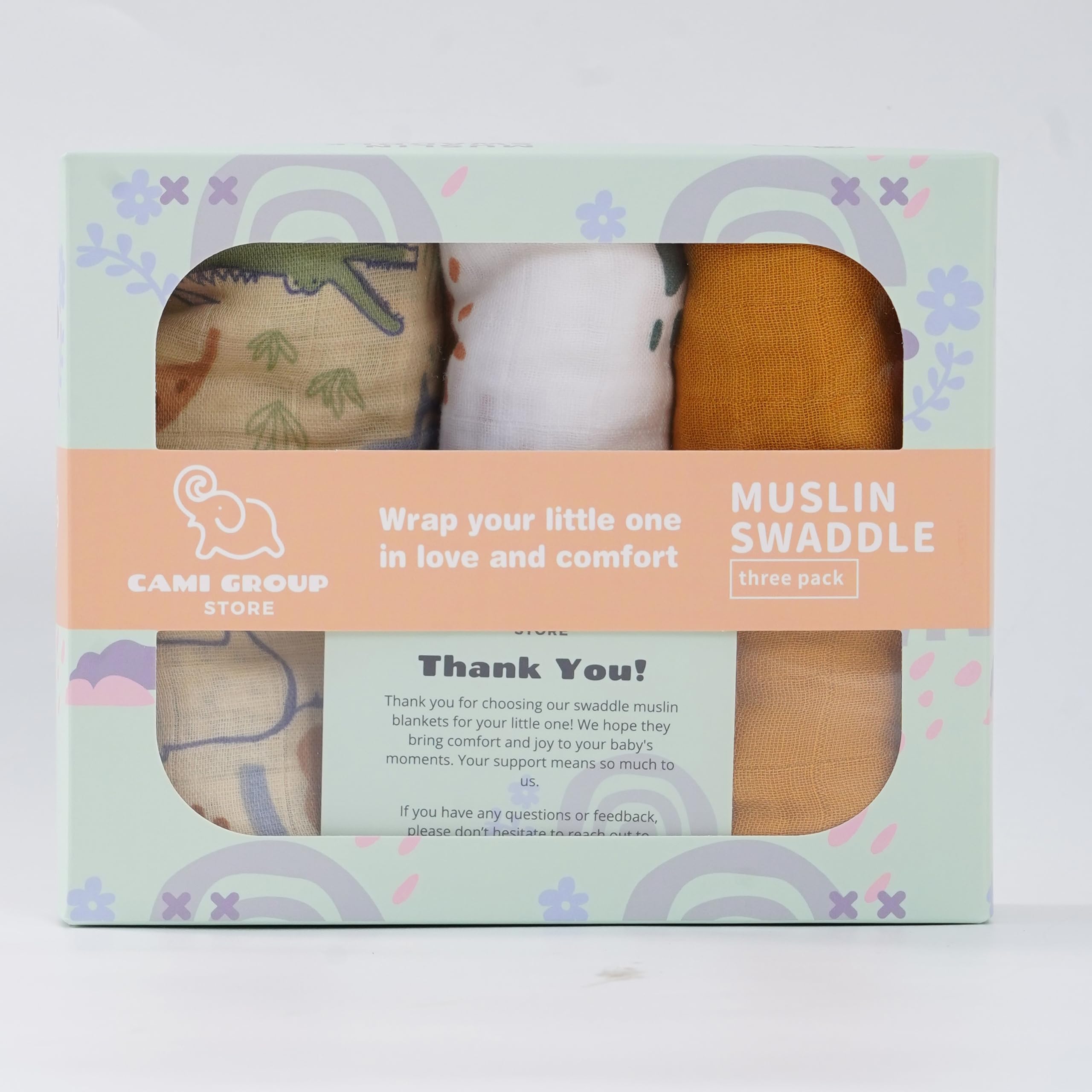 CAMI GROUP STORE muslin swaddle with floral mustard pattern offers gentle warmth