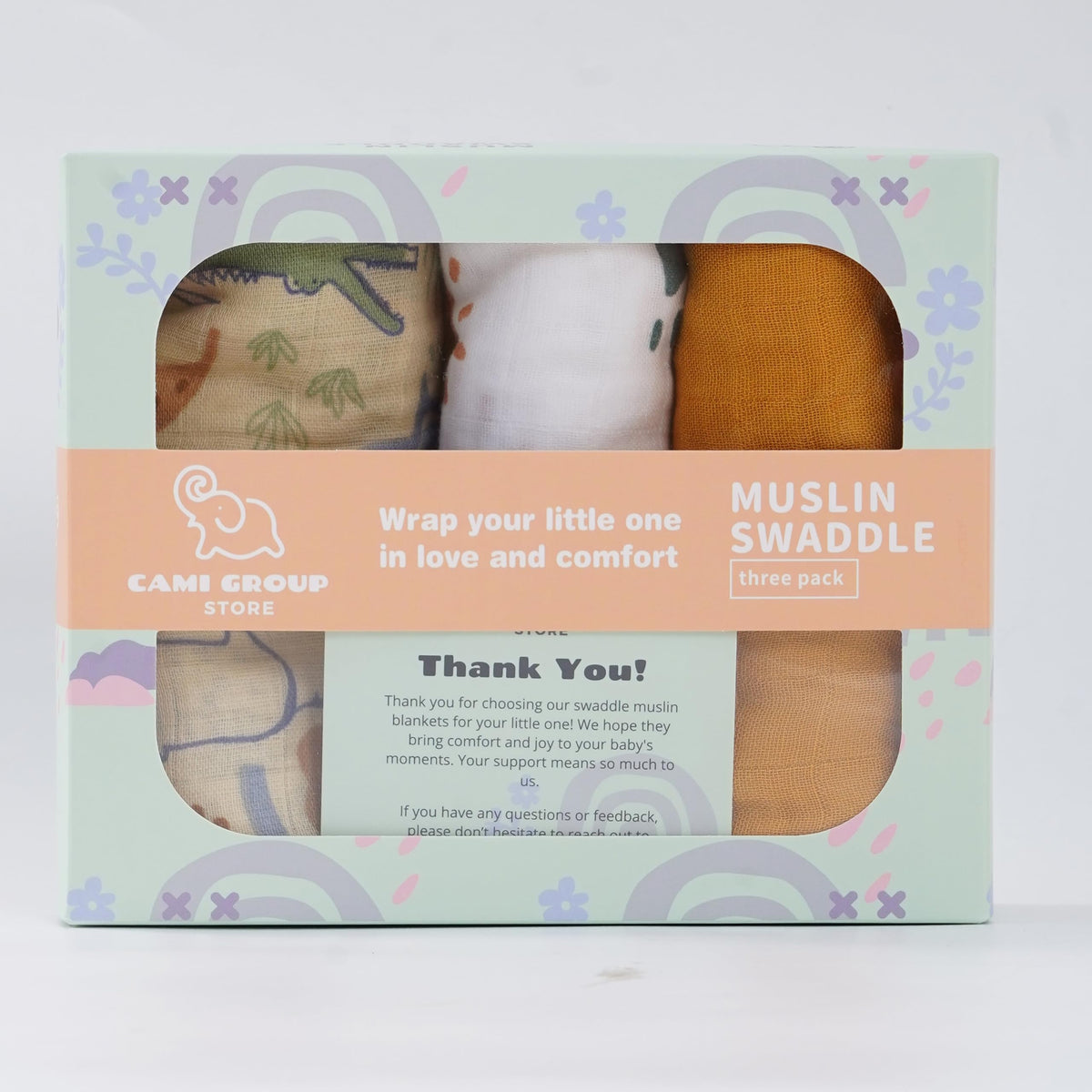 CAMI GROUP STORE muslin swaddle with floral mustard pattern offers gentle warmth