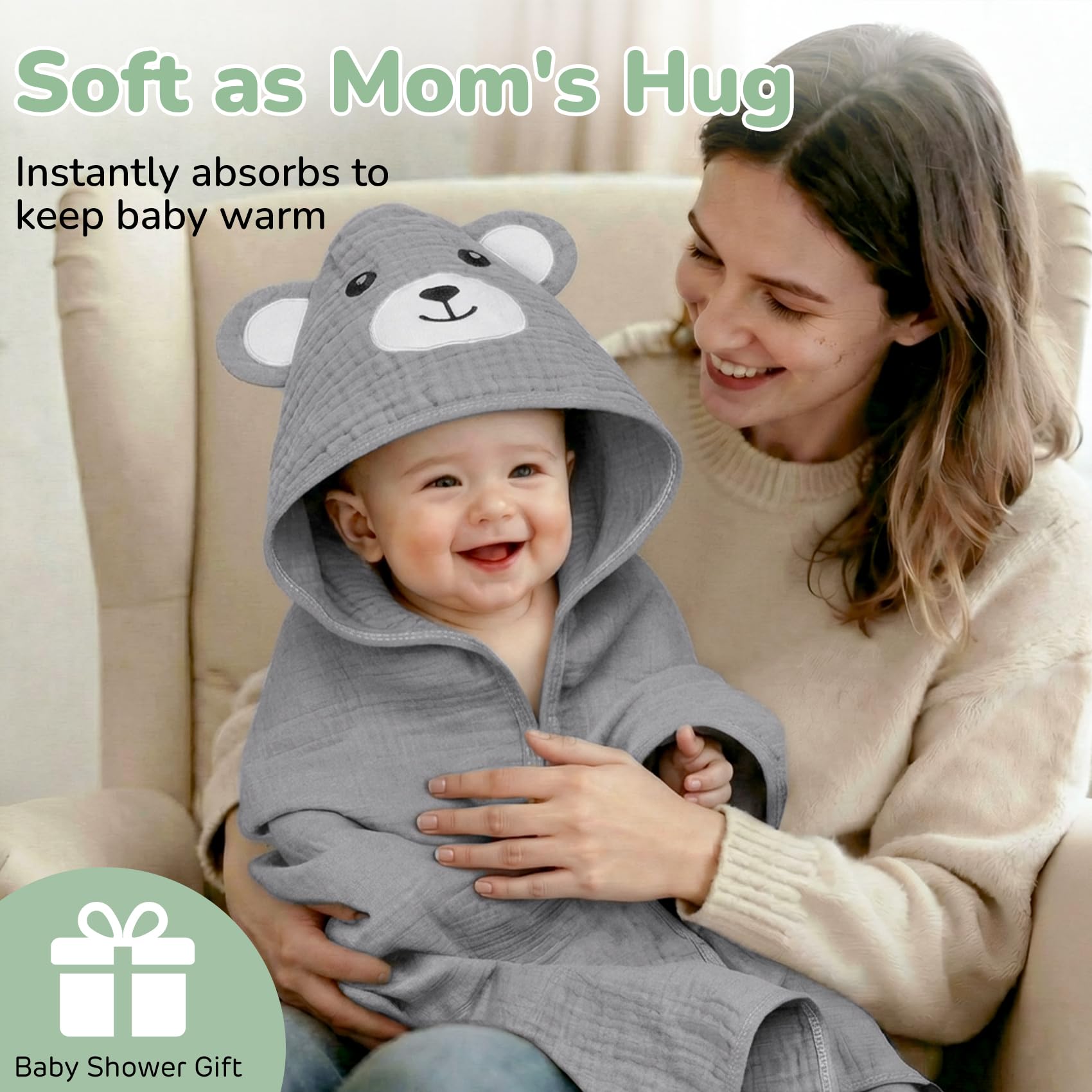 CandyHome bear hooded towel on baby for cozy comfort