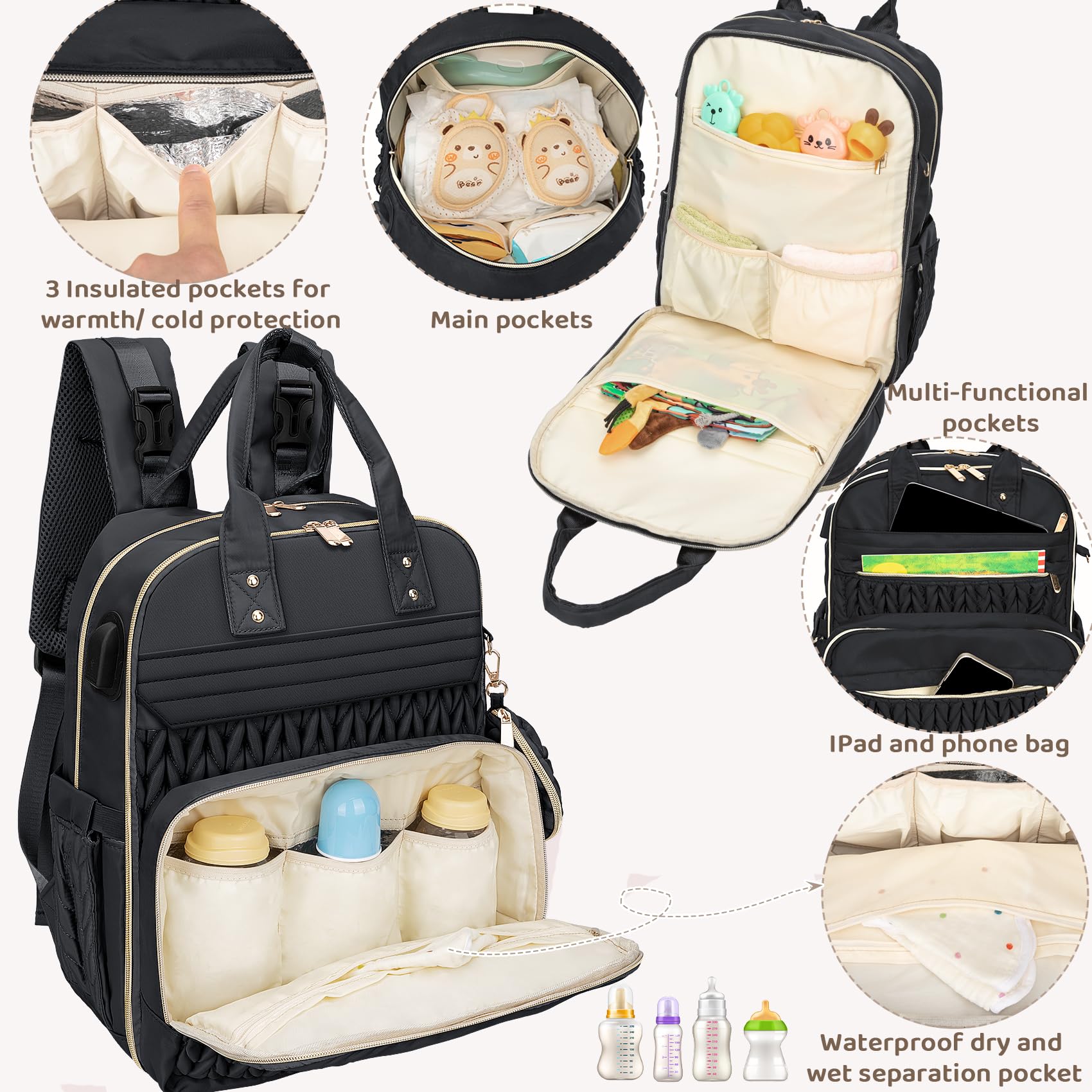 CandyHome bag includes spacious compartments for diapers, bottles, clothes, and wipes