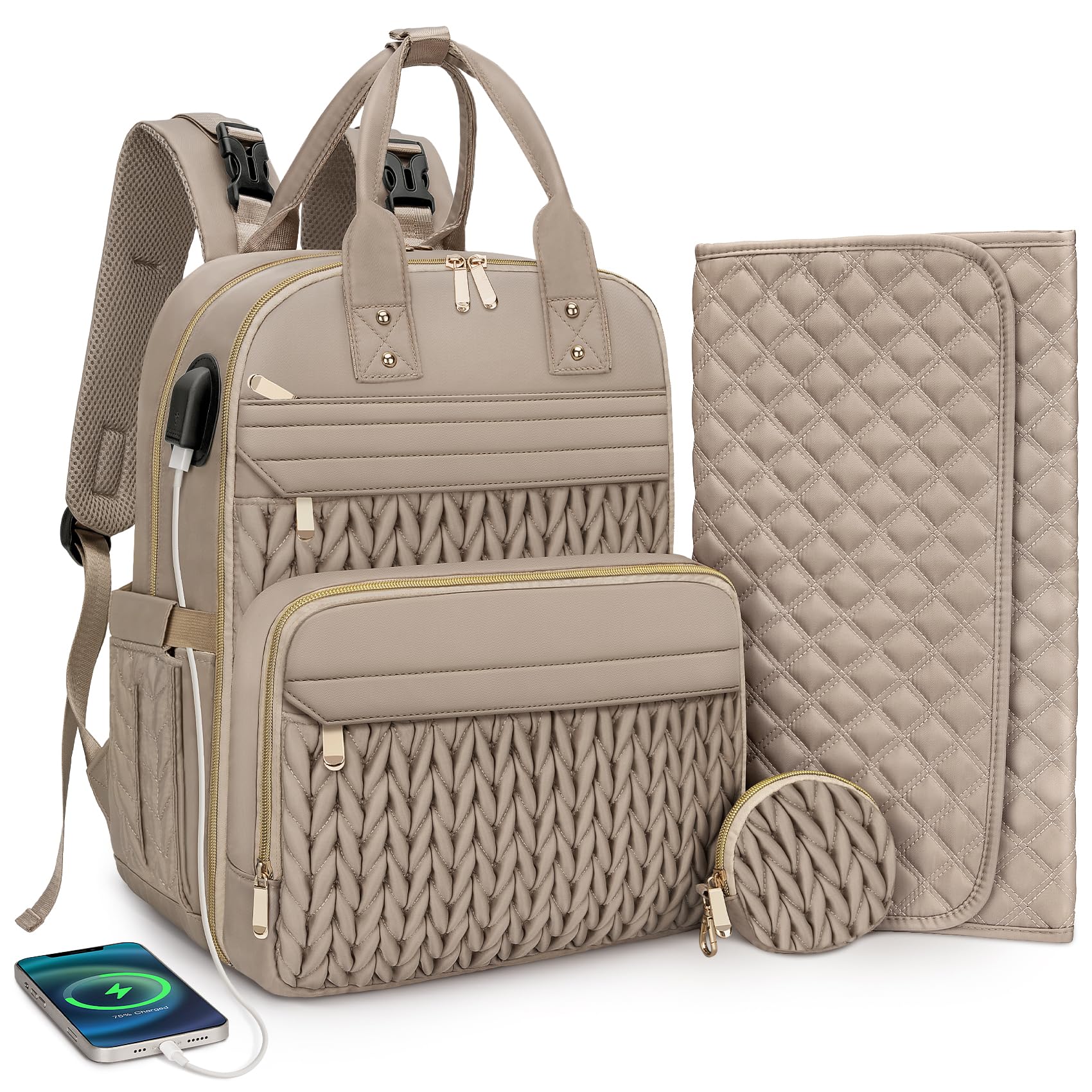 CandyHome khaki diaper bag backpack with organized compartments for travel