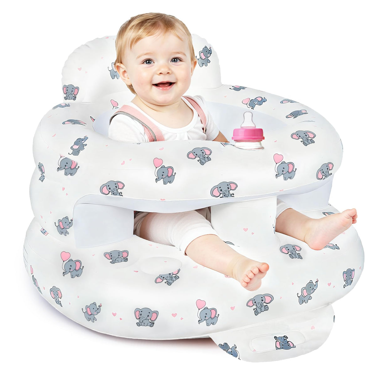 CandyHome Elephant inflatable baby seat front view demonstrates safe, supportive sit-up design