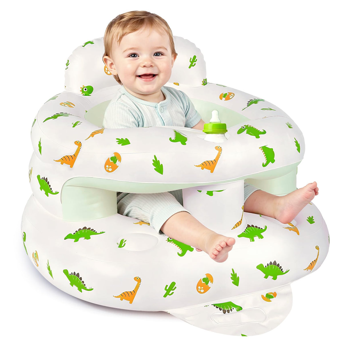 CandyHome inflatable baby seat with dinosaur motif supports comfortable sitting