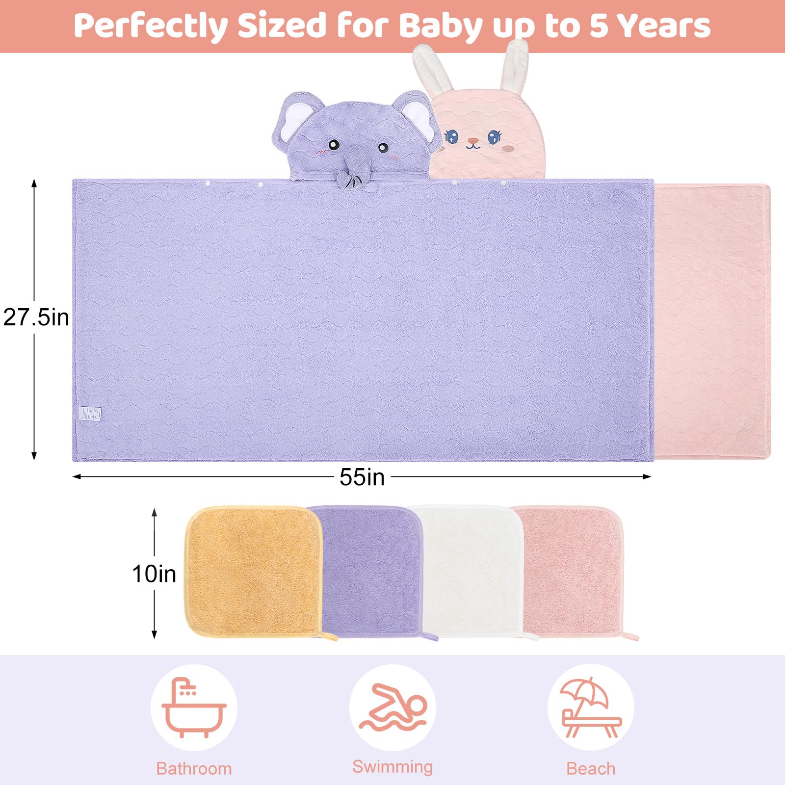 CandyHome hooded elephant towel highlights quick drying and snug fit.